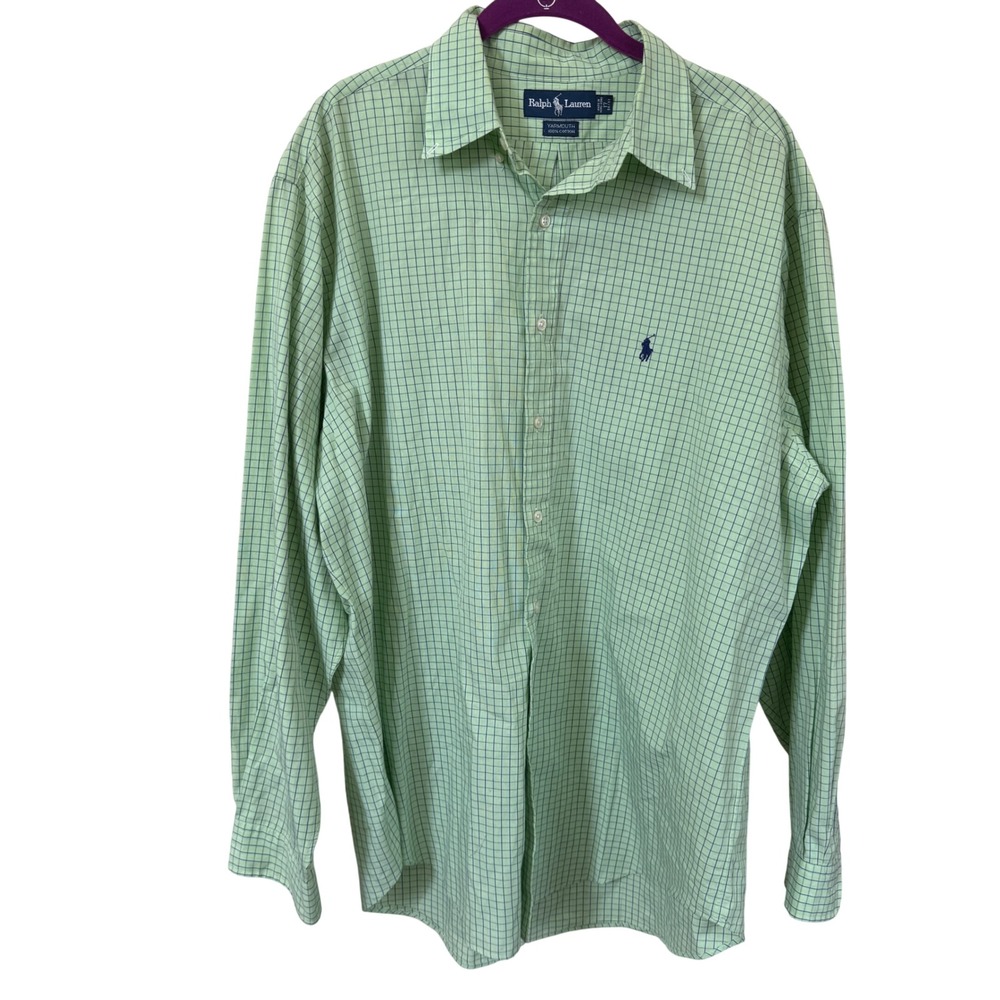 Ralph Lauren Yarmouth Green Check Button Down Shirt Mens 17.5 36/37 Cotton
